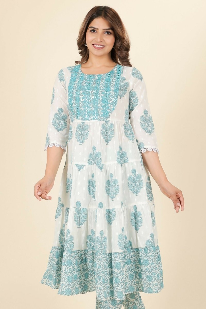 Aramya White Soft Cotton Block Anarkali Kurta for Women