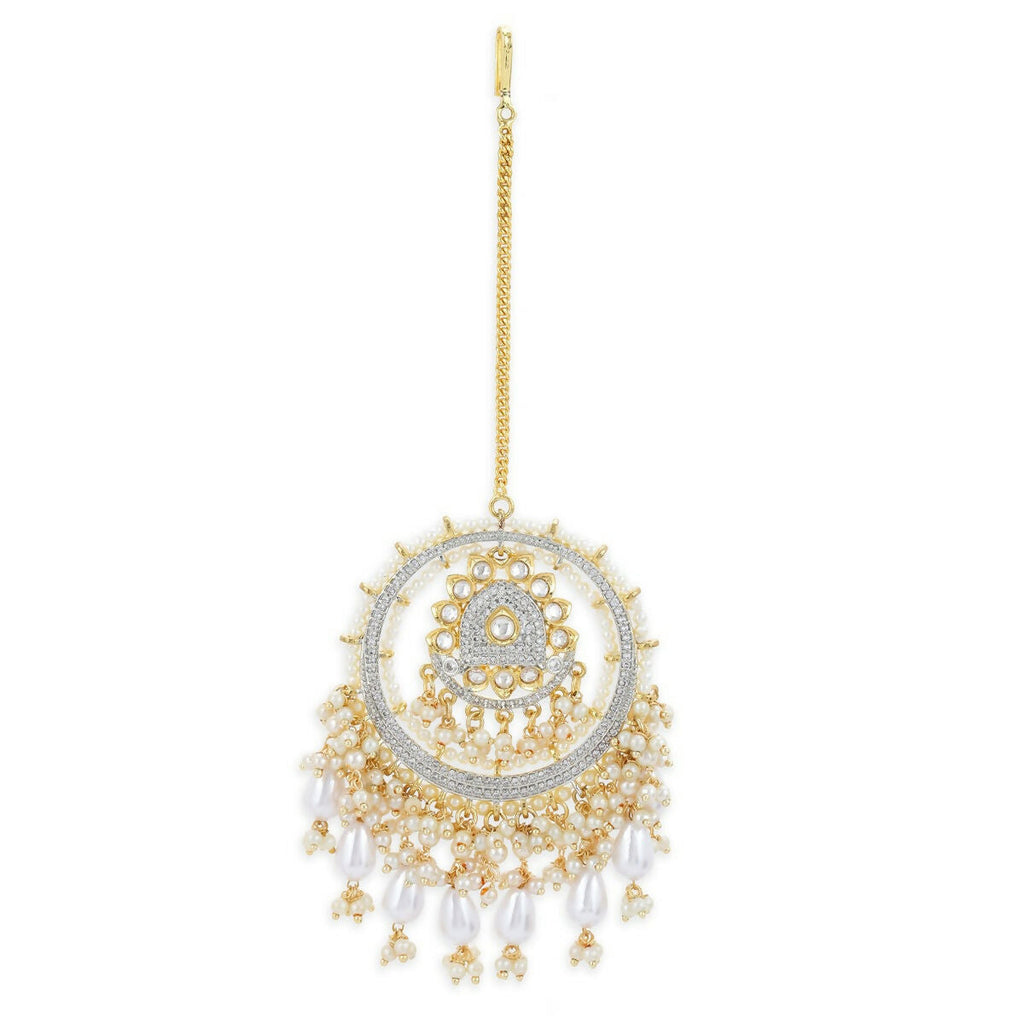 Kundan Chand Maang Tikka with Pearl Drops - Ruby Raang