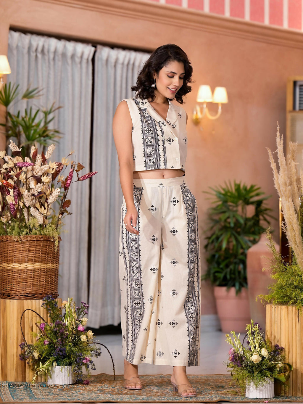 Juniper Women's Natural Ethnic Motif Printed Cotton Top & Palazzo Co-Ord Set With Button Closure