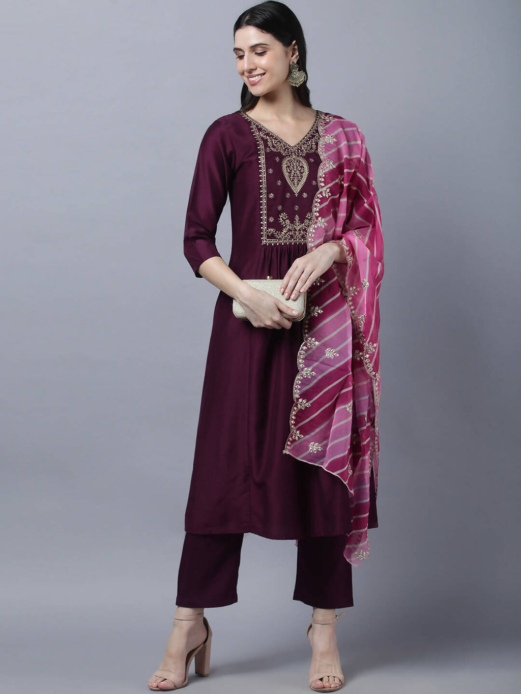Myshka Stylish Maroon 3/4 Sleeve Women's Kurta Pant with Dupatta Set