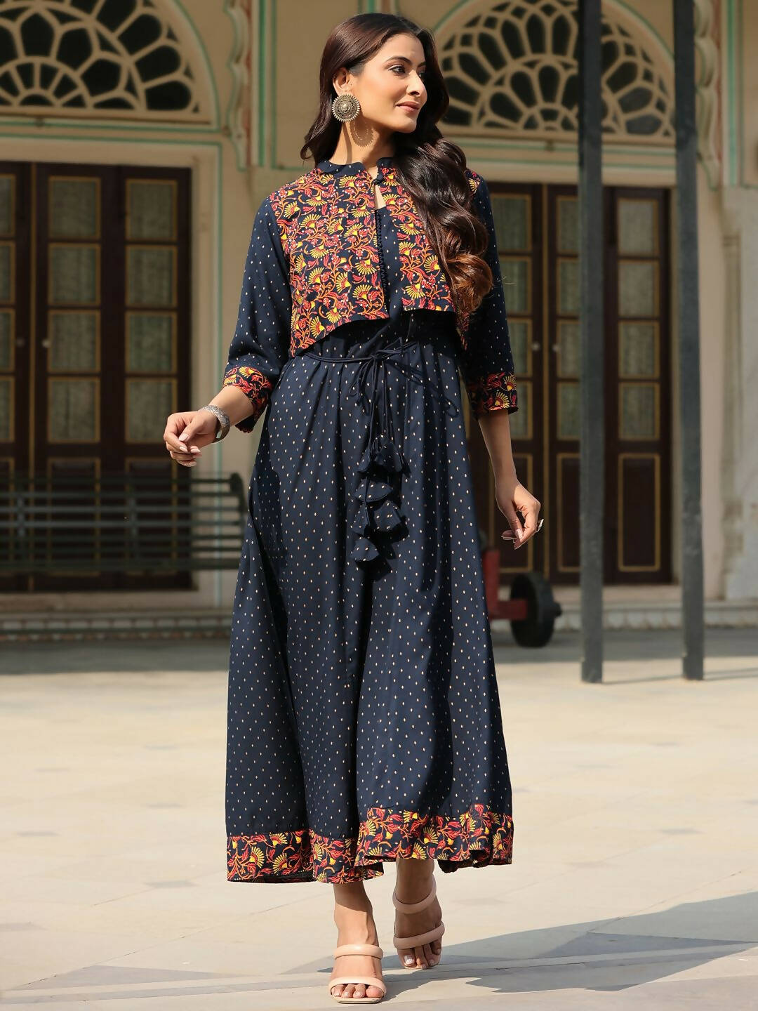 Juniper Women's Blue Rayon Festive Printed Flared Dress