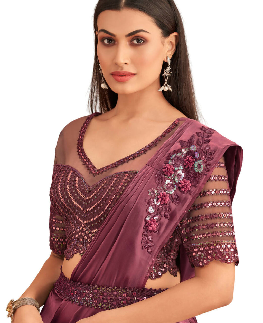 Wine Satin Embroidered Ready To Wear Saree With Unstitched Blouse Piece - Nandika
