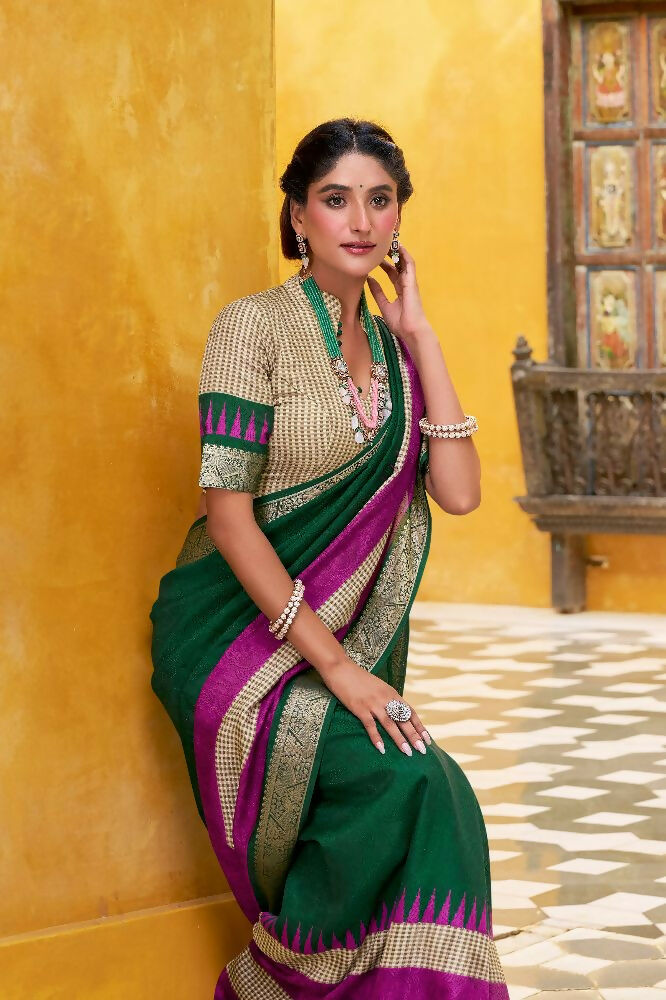 PR Fashion Green Poly Cotton Printed With Zari Weaving Work Saree