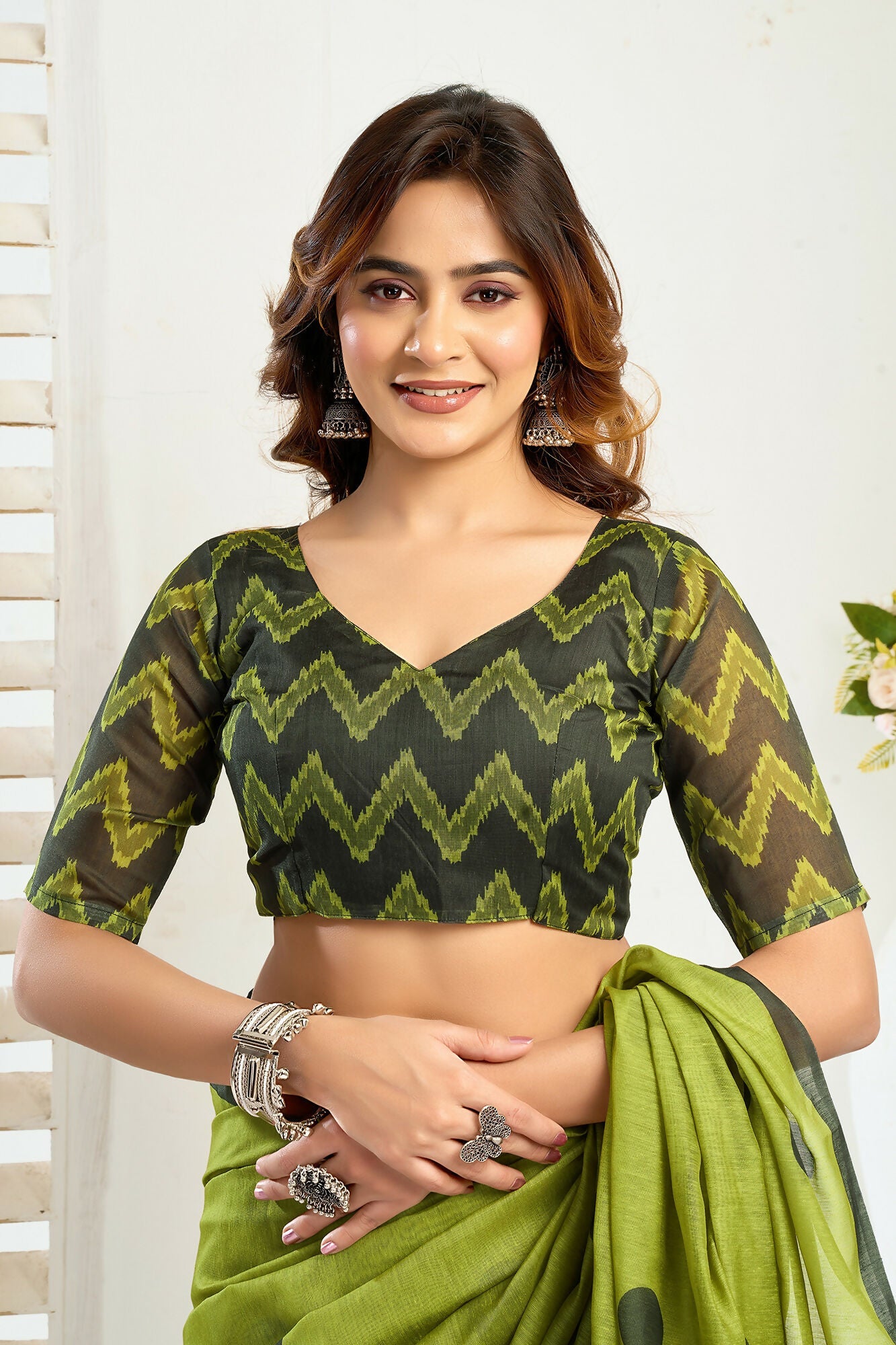 Vastranavya Olive Digital Printed Linen Ready To Wear Designer Saree with Unstitched Blouse