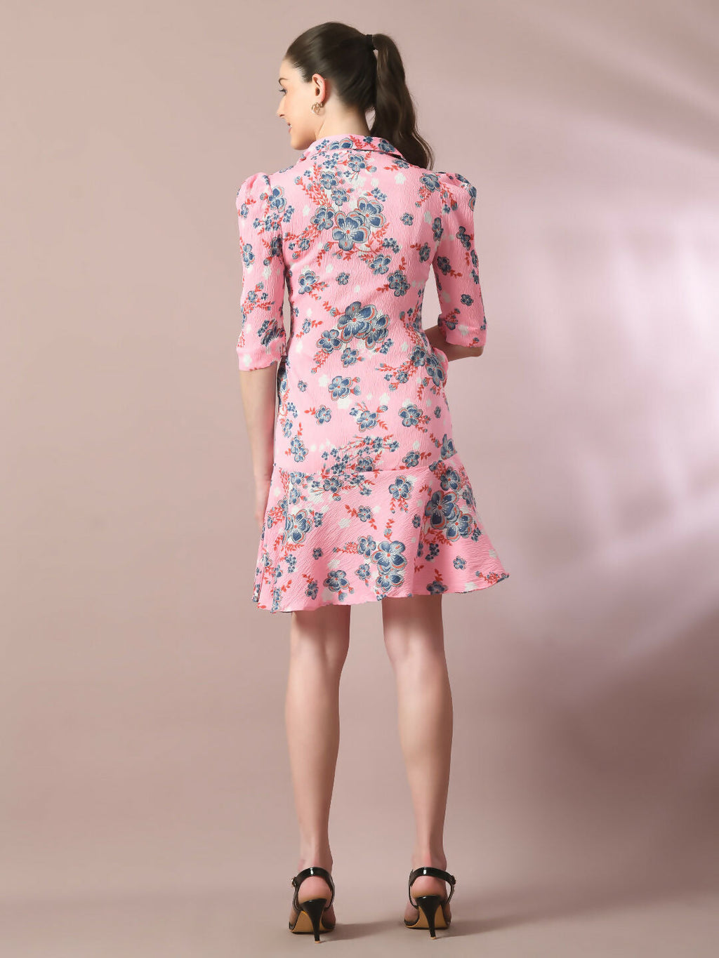 Myshka Women's Pink Printed Shirt Collar Fit and Flare Party Dress