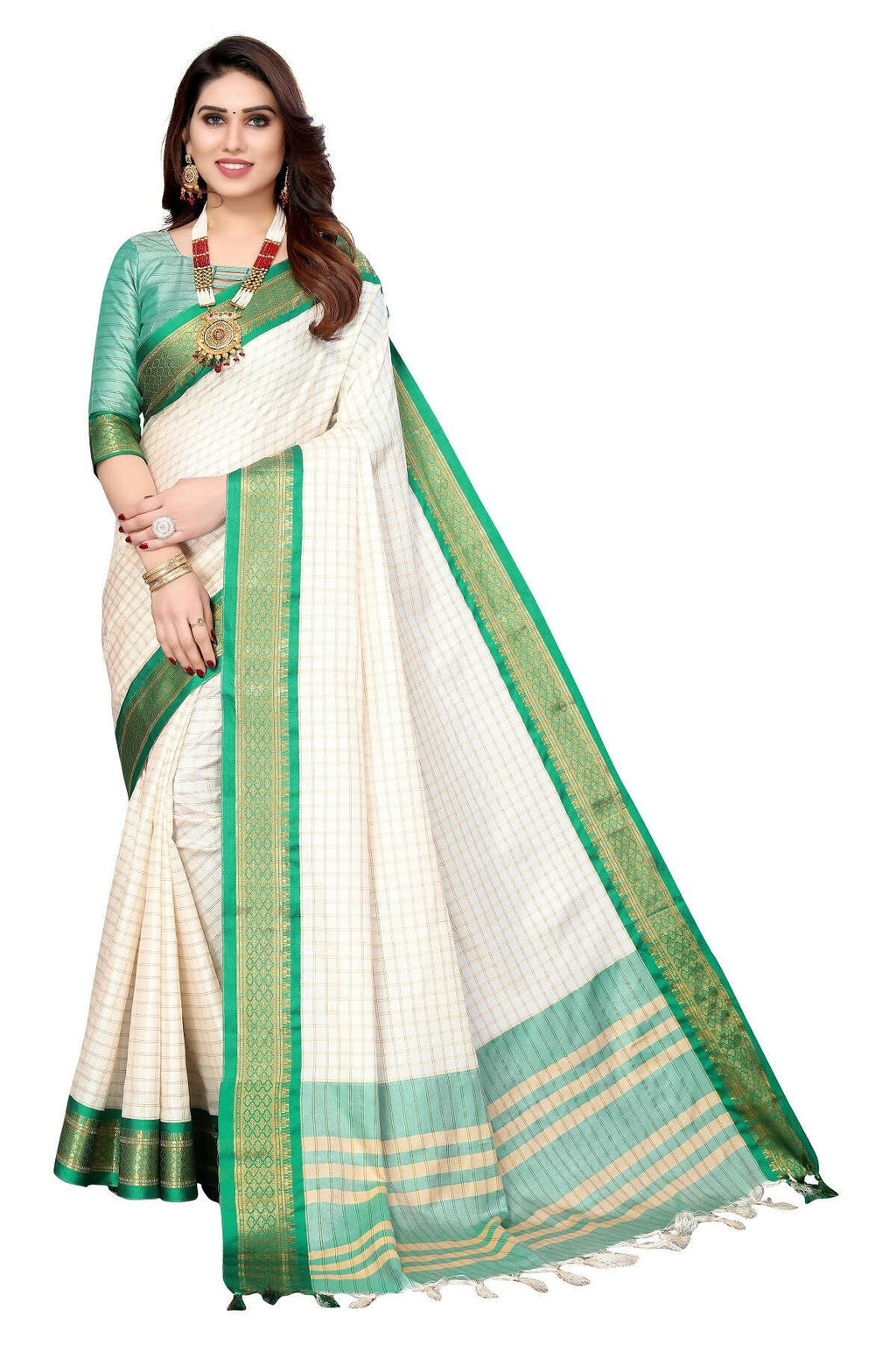 Vamika Weaving White Cotton Silk Saree (DEVAL GREEN)