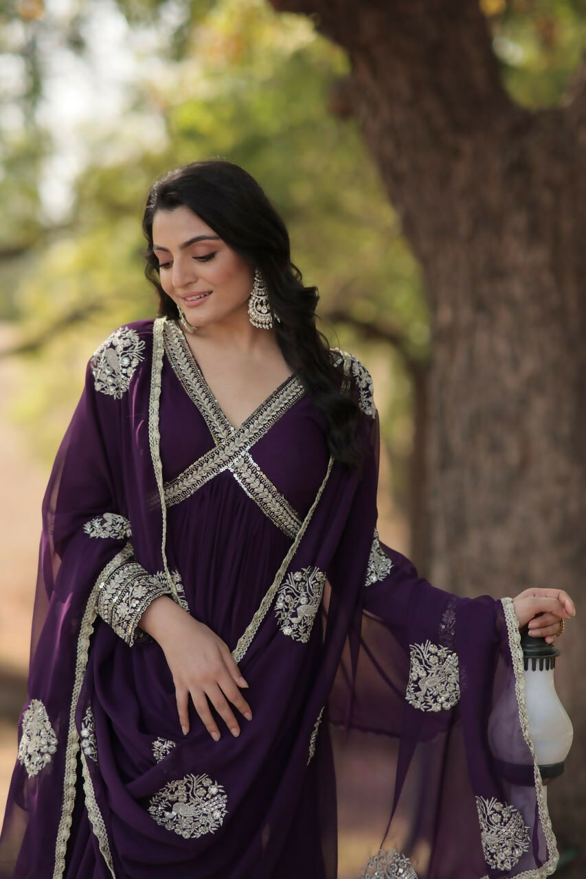 Vastranavya Faux Blooming with Embroidery Zari Sequins-work Gown with Dupatta - Purple