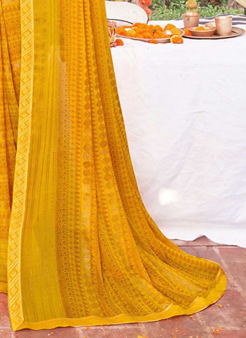 Mustard Georgette Foil Printed Saree with Unstitched Blouse Piece - Avika