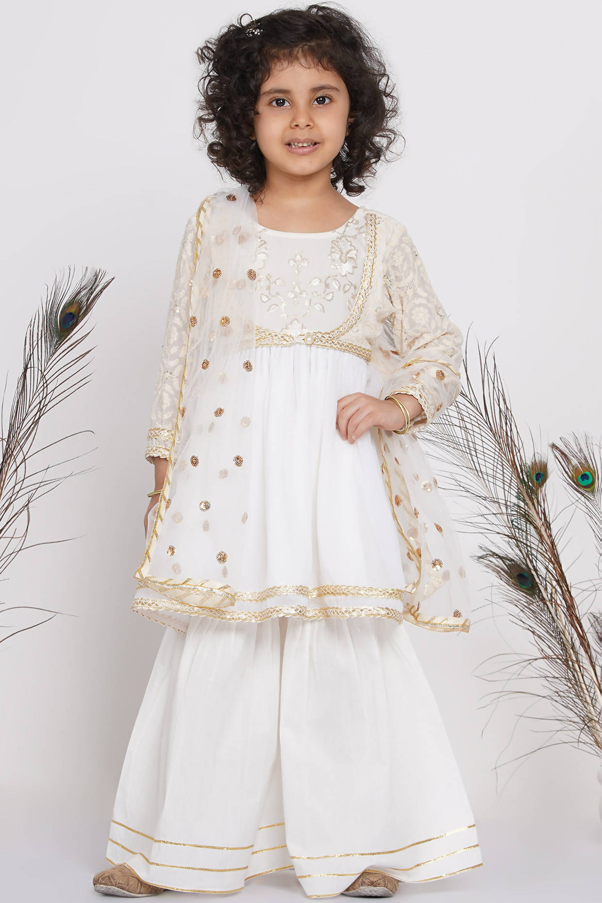 Little Bansi Girls Cotton Floral Embroidery Frock Kurta with Sharara & Dupatta - White