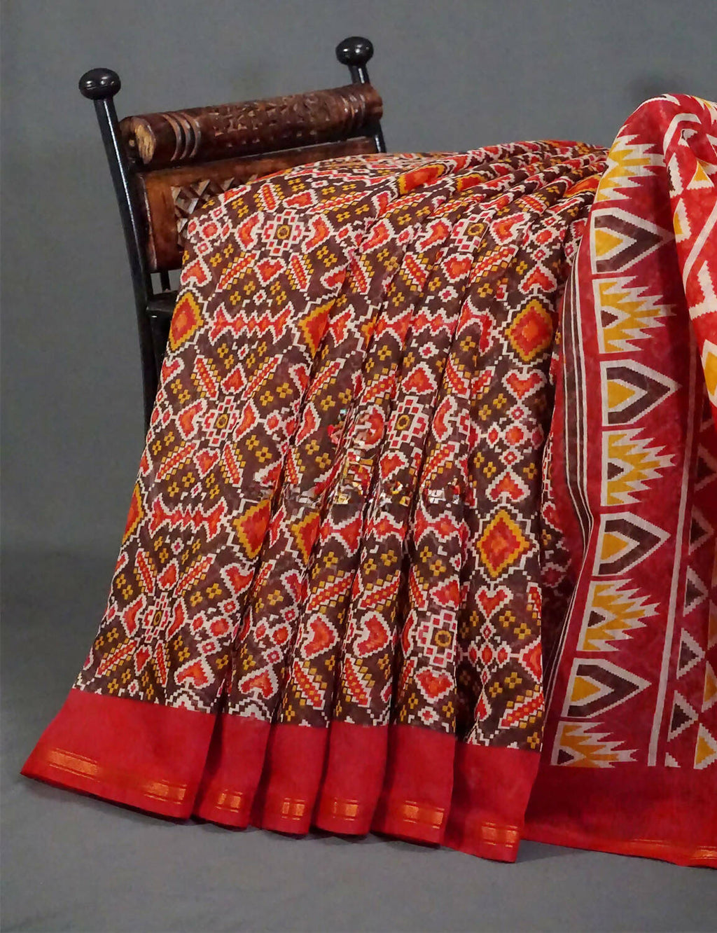 Brown And Red Coloured Patola Print Semi Chanderi Saree By Gayathri Reddy Designer Studio