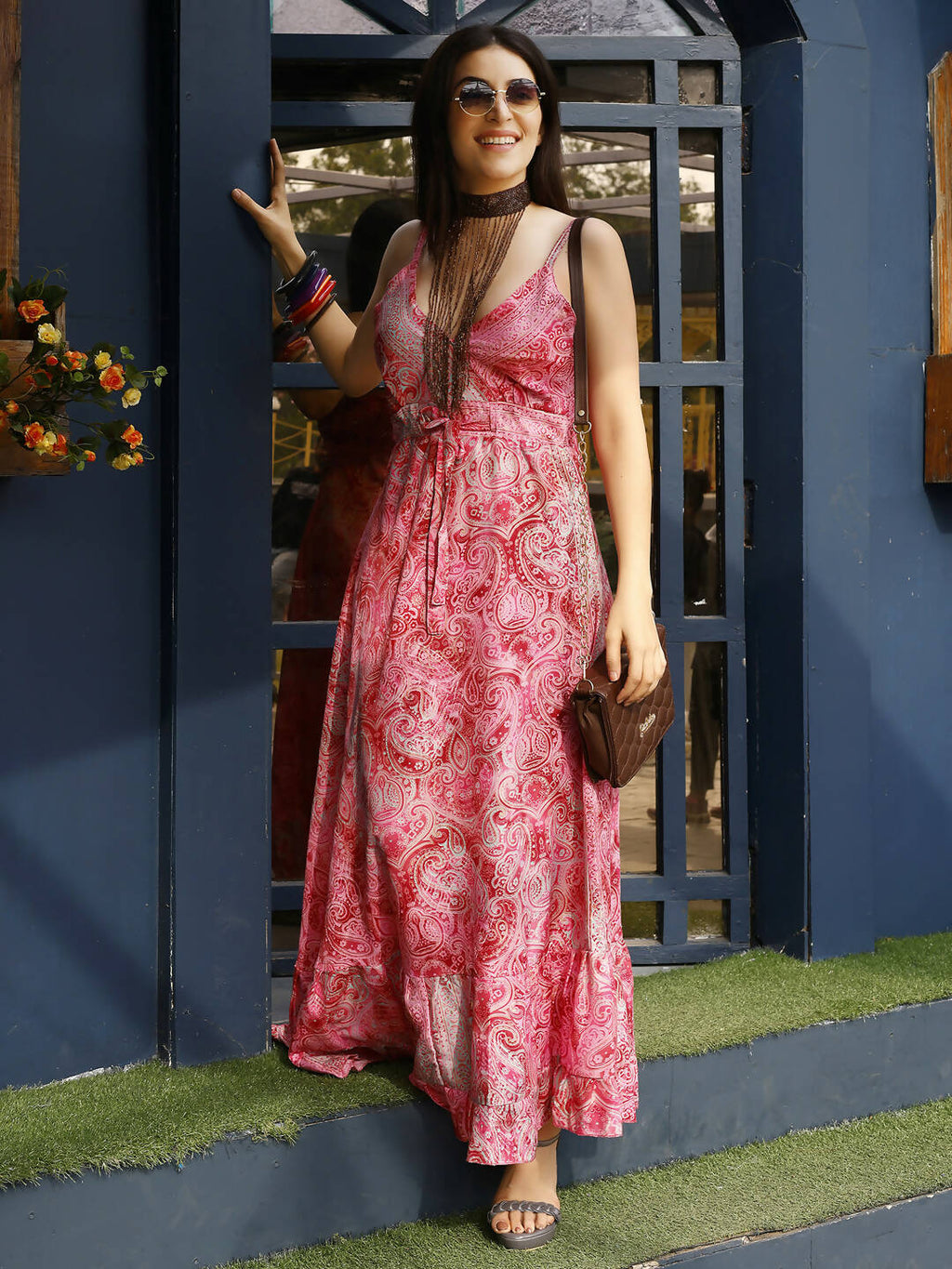 Pink Rayon Foil Printed Long Dress - Michan