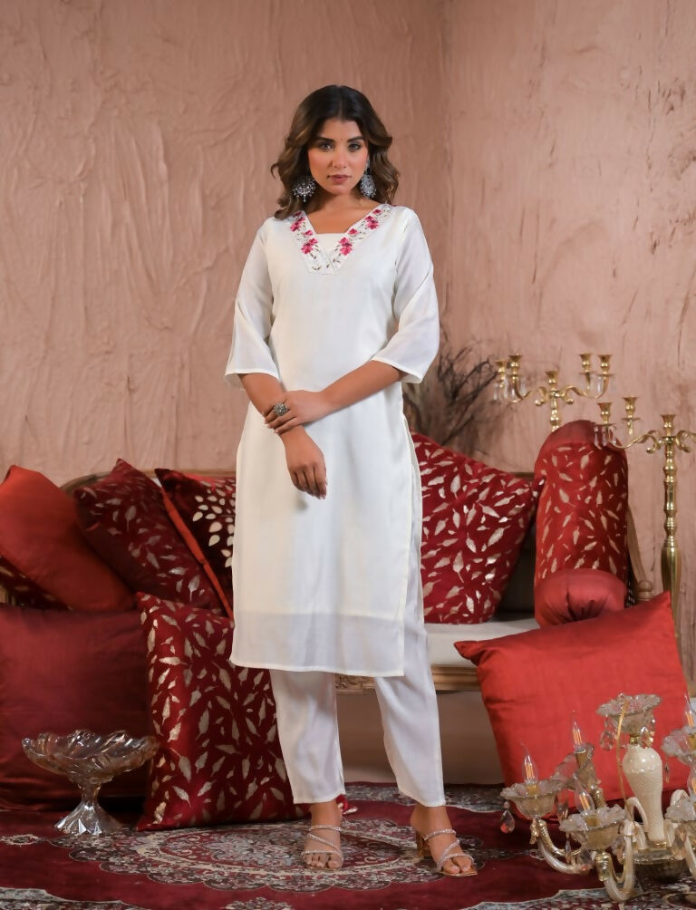Ethnic Festive Wear Viscose Chanderi White Stitched Suit With Dupatta - Tanisha