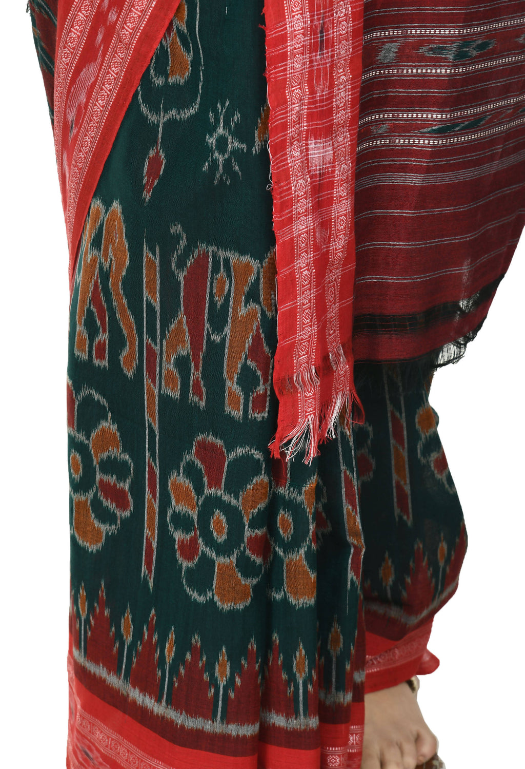 Vamika Sambalpuri Ikat Cotton Dehabandha Green & Red Saree