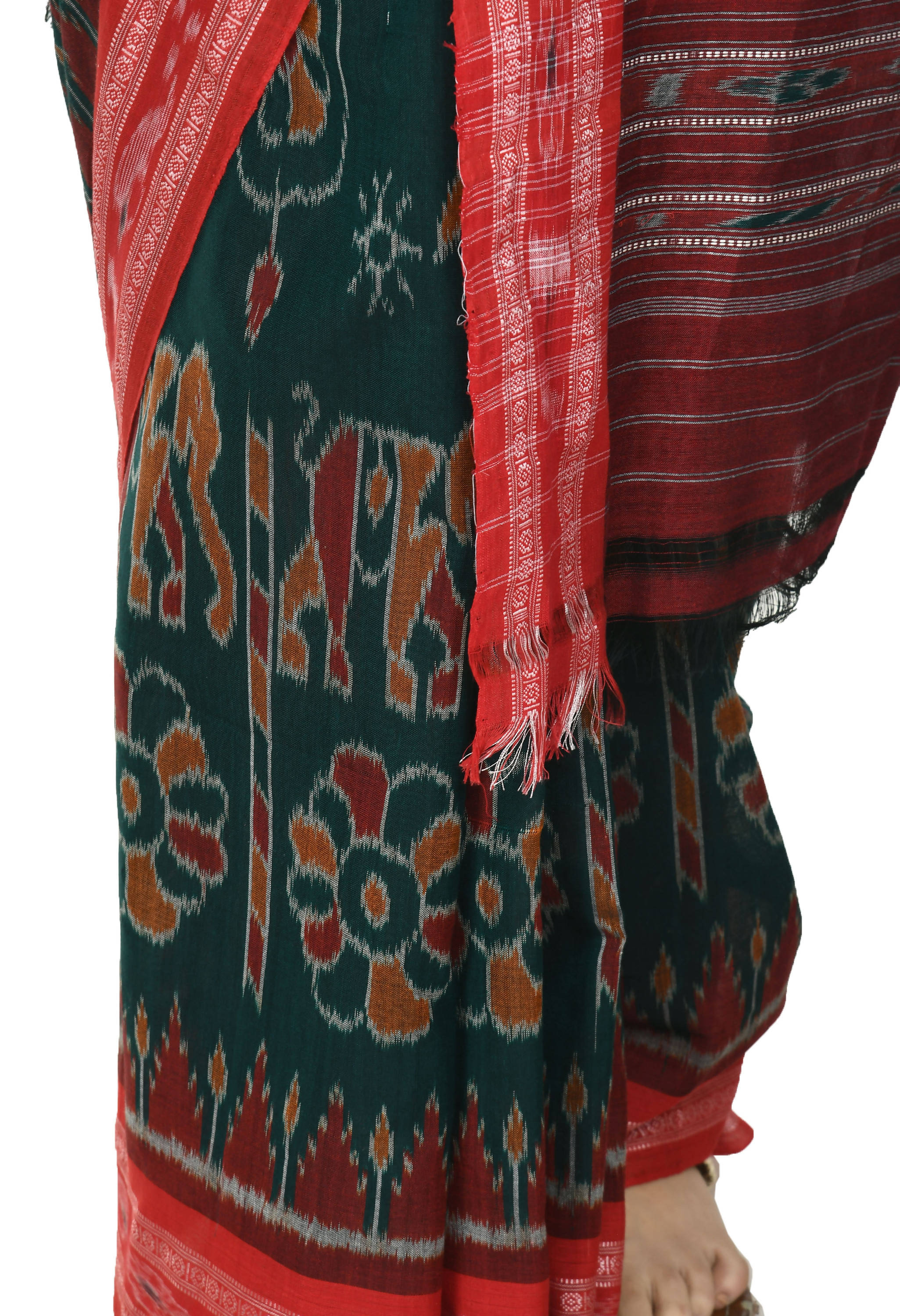 Vamika Sambalpuri Ikat Cotton Dehabandha Green & Red Saree