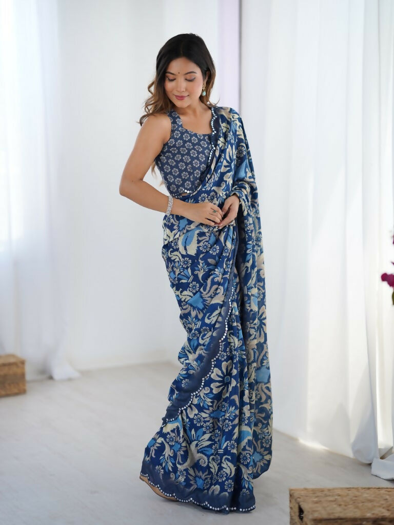 Blue Chinon Designer Digital Printed,Mirror Cut Work Saree - Manvika