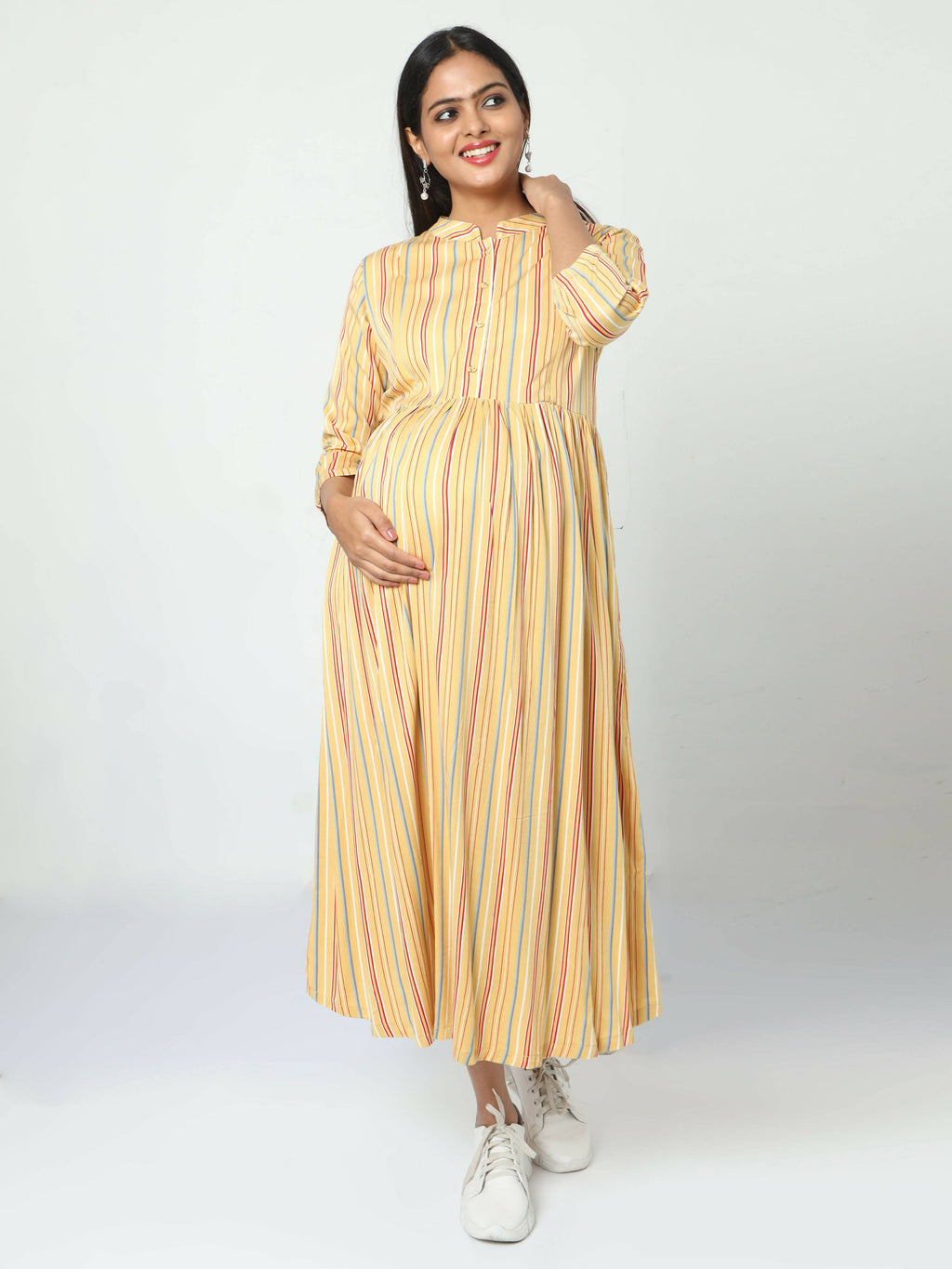 Manet Three Fourth Maternity Dress Striped With Concealed Zipper Nursing Access - Yellow
