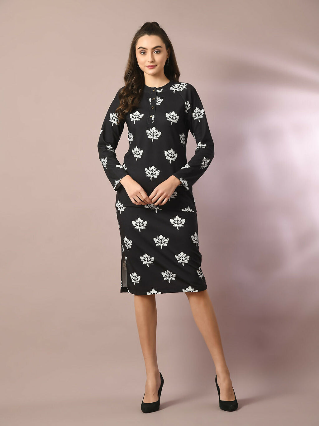 Myshka Women's Black Printed Round Neck Party Top With Skirt Co-ord set