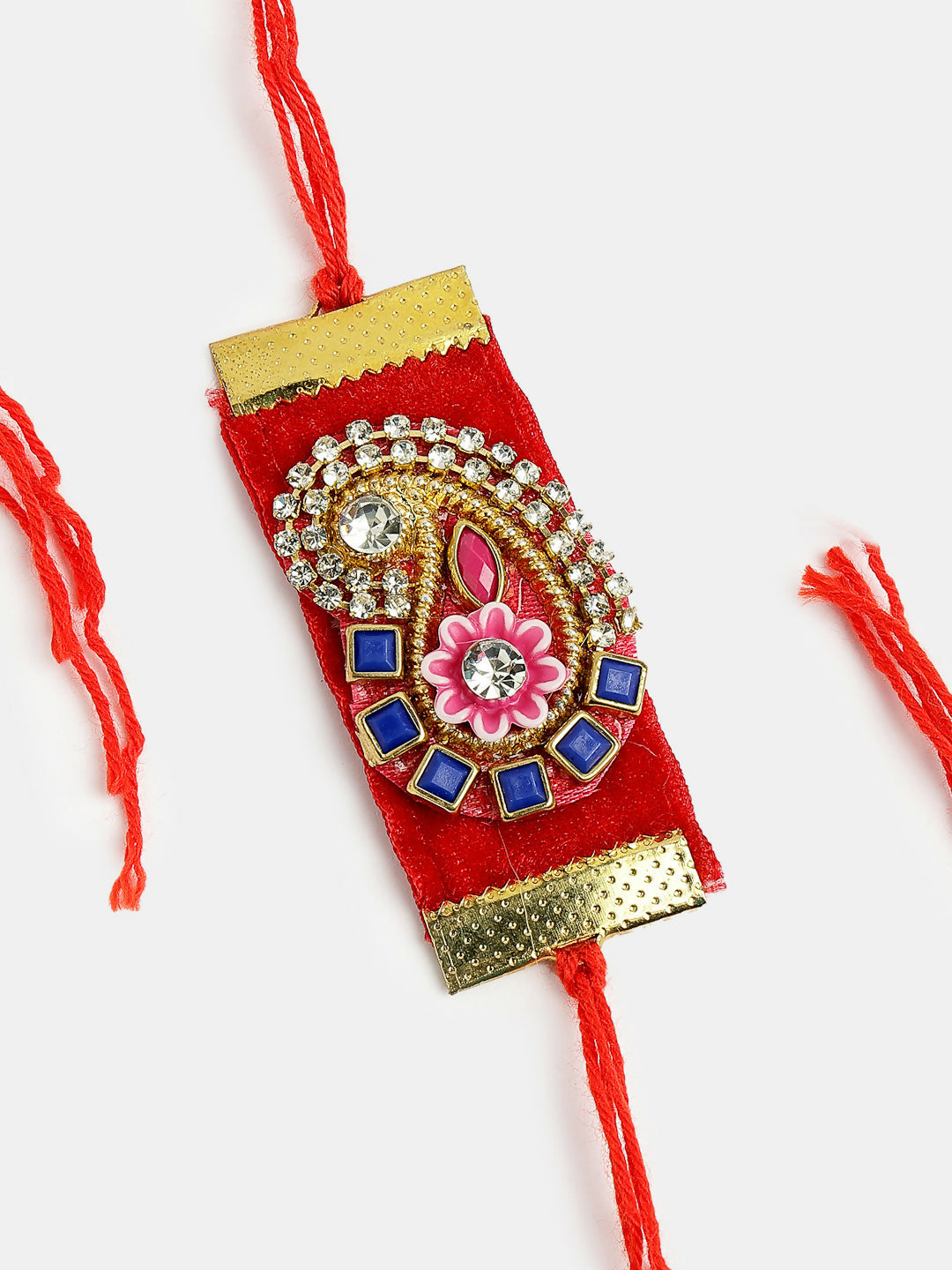 NVR Men Red Stone-Studded Rakhi With Roli Chawal & Chocolate