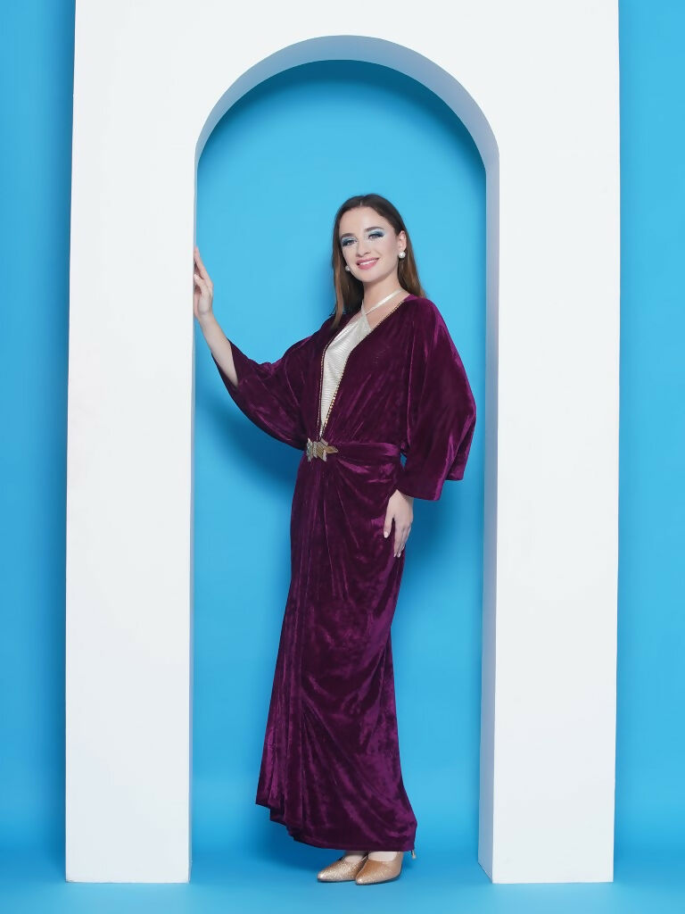 Joban Fashion Wine Velvet Gown With Silver Halter Neck Ineer