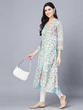 Myshka Women Blue Floral Printed Thread Work Anarkali Kurta