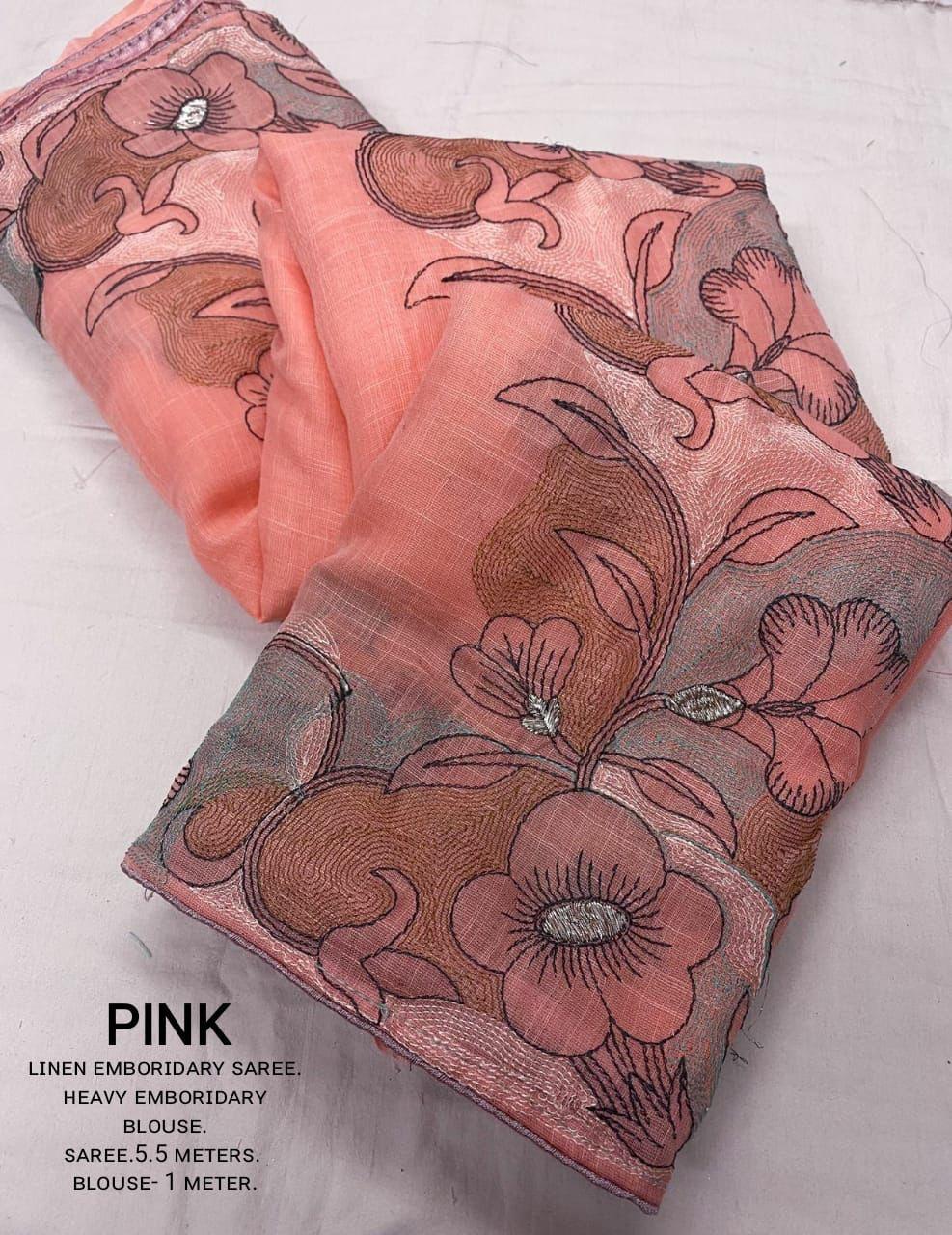 Pink Pure Linen Ethnic Motifs Saree with Unstitched Blouse - A2M