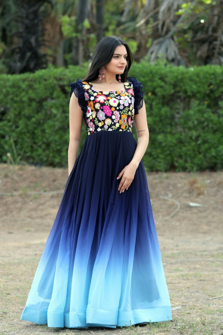 Jyoti Fashion Women's Blue Sequins Embroidery Faux Blooming Anarkali Dress