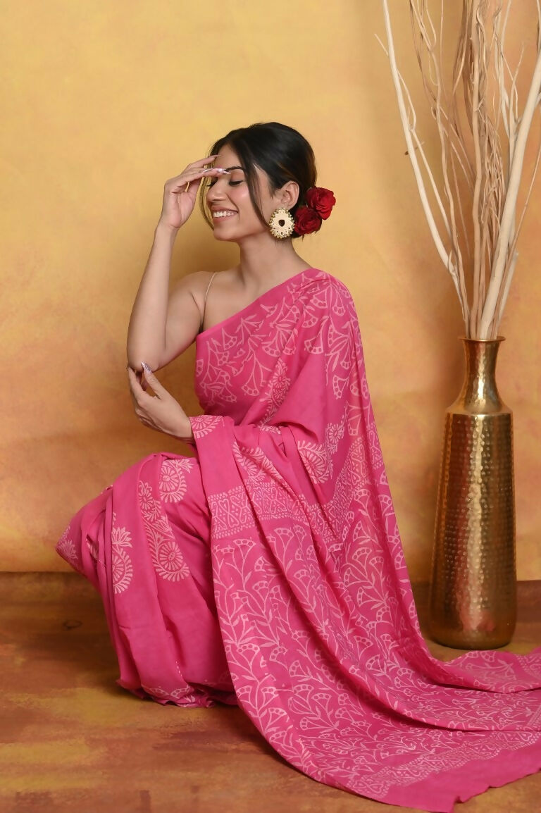Very Much Indian Handblock Printed Cotton Saree With Natural Dyes - Pink