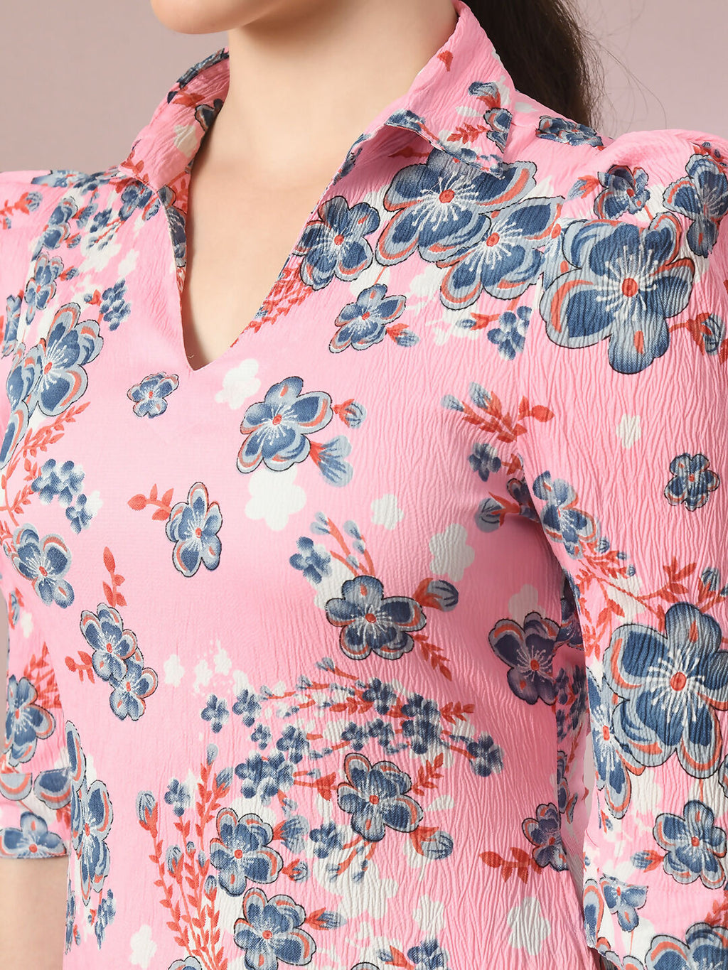 Myshka Women's Pink Printed Shirt Collar Fit and Flare Party Dress
