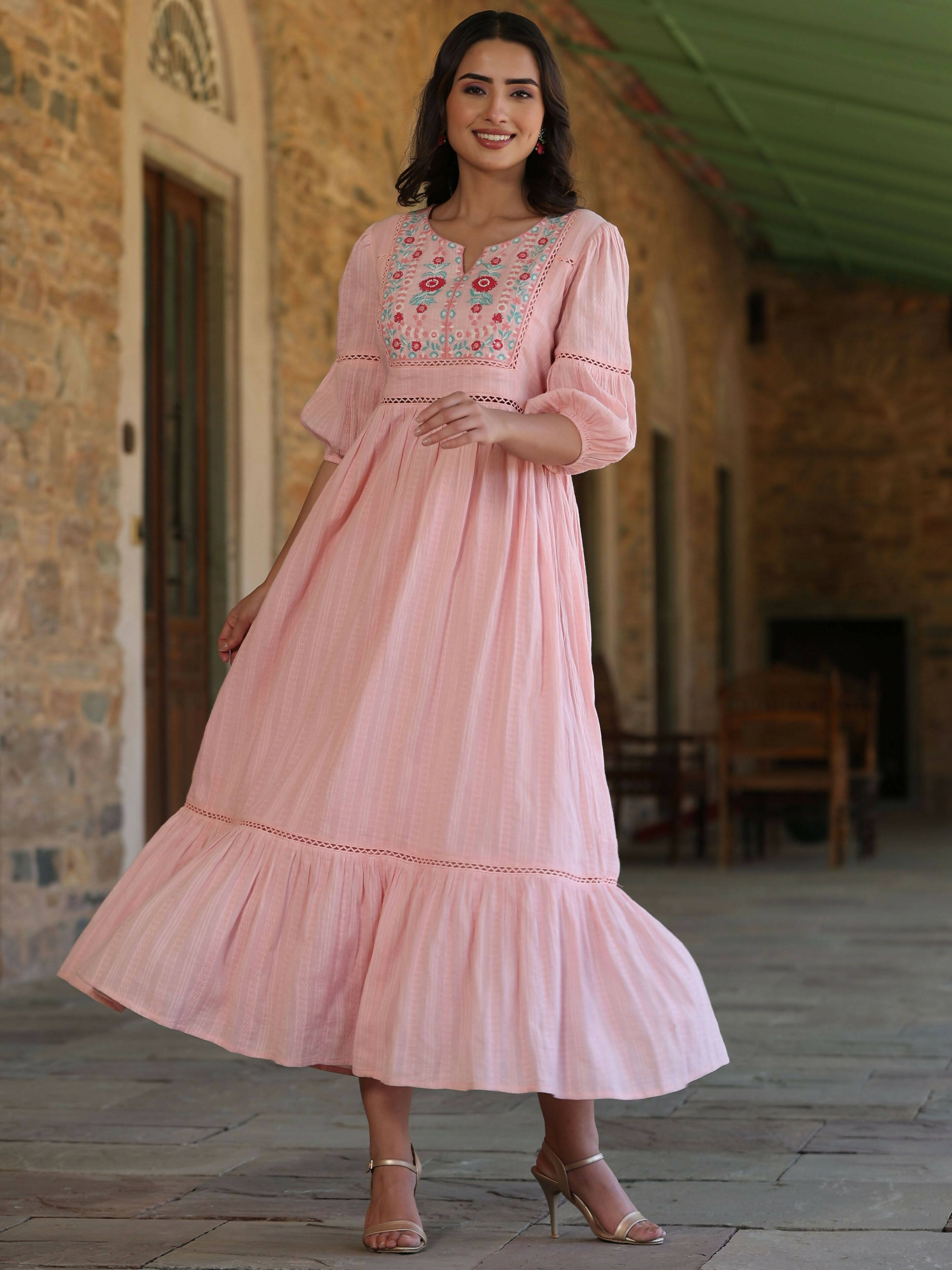 Juniper Women's Pink Cotton Dobby Embroidered Flared Dress