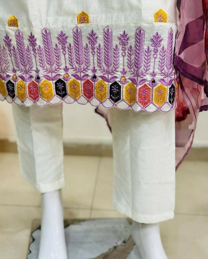 The52 Off White Women's Gorgeous Embroidered Viscose Chanderi Fabric Straight Kurta Pant with Dupatta Set