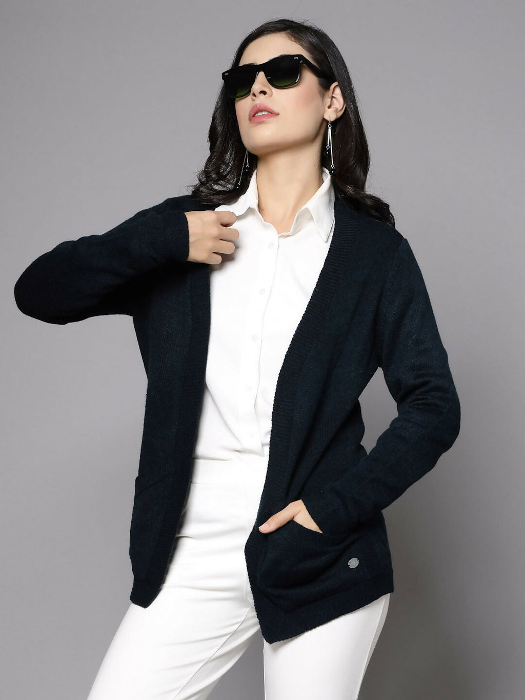 Women Teal Acrylic Solid Cardigan - Wool Trees