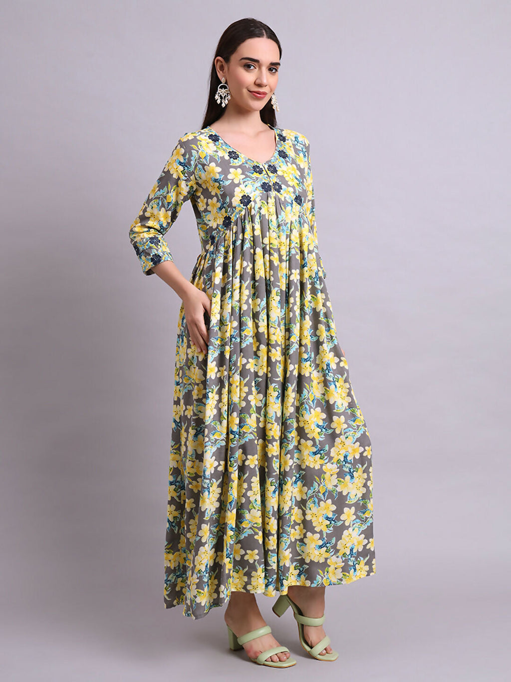 Joban Fashion Yellow Cotton Floral Printed & Embroidery Work Anarkali Dress With Dupatta Set