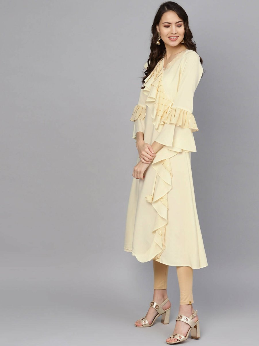 Ahalyaa Cream Crepe Angarkha Style Ruffled Kurta For Women