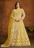 Yellow All Over Embroidered Net Wedding Anarkali Suit - Emponline