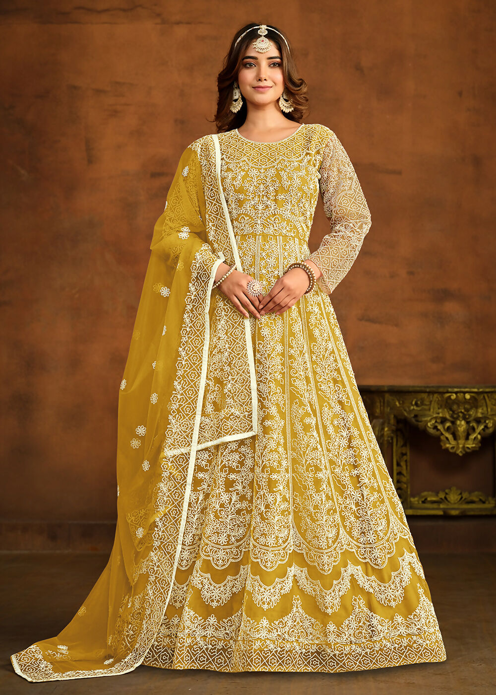 Yellow All Over Embroidered Net Wedding Anarkali Suit - Emponline