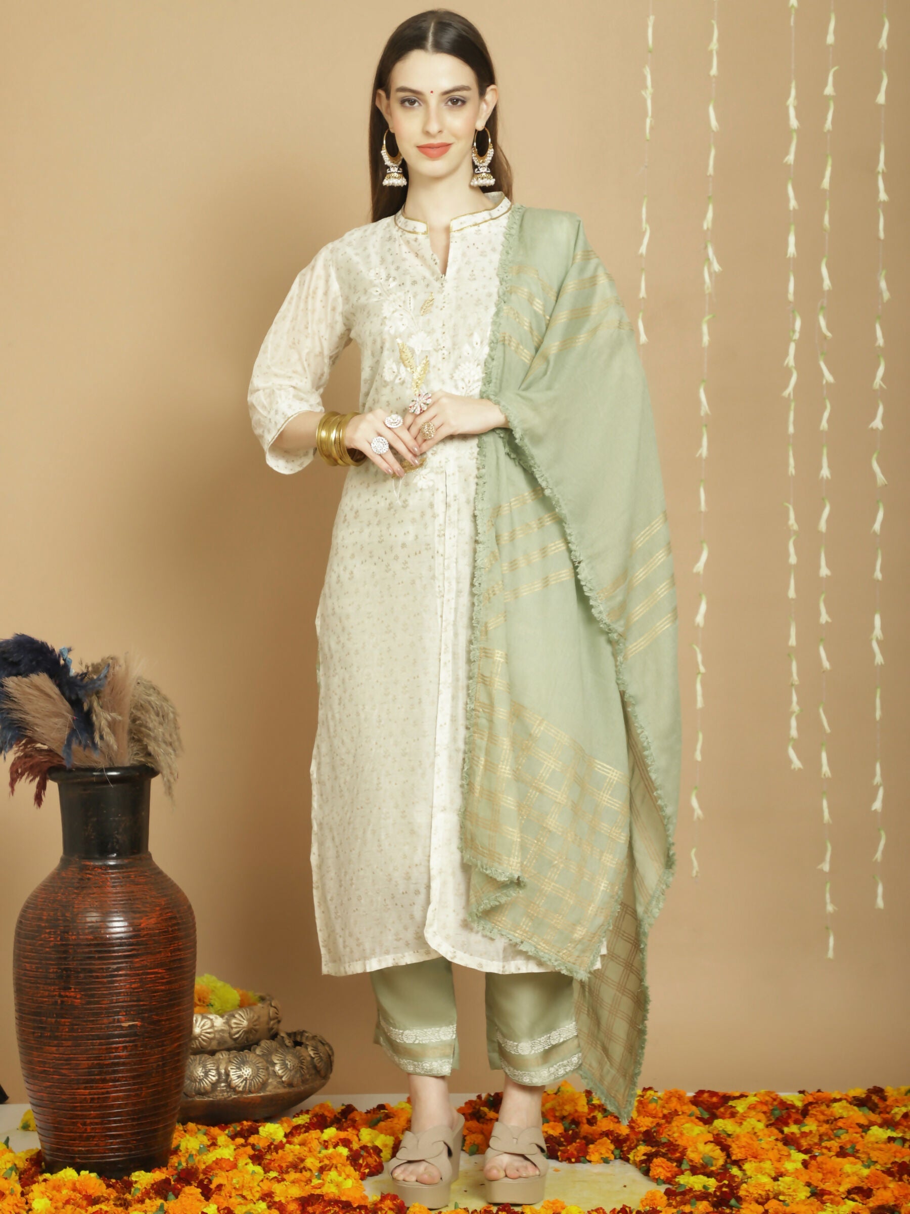 Jyoti Fashion Women's Off White Chanderi Silk Elegant Jardoshi Kurta with Trouser & Dupatta