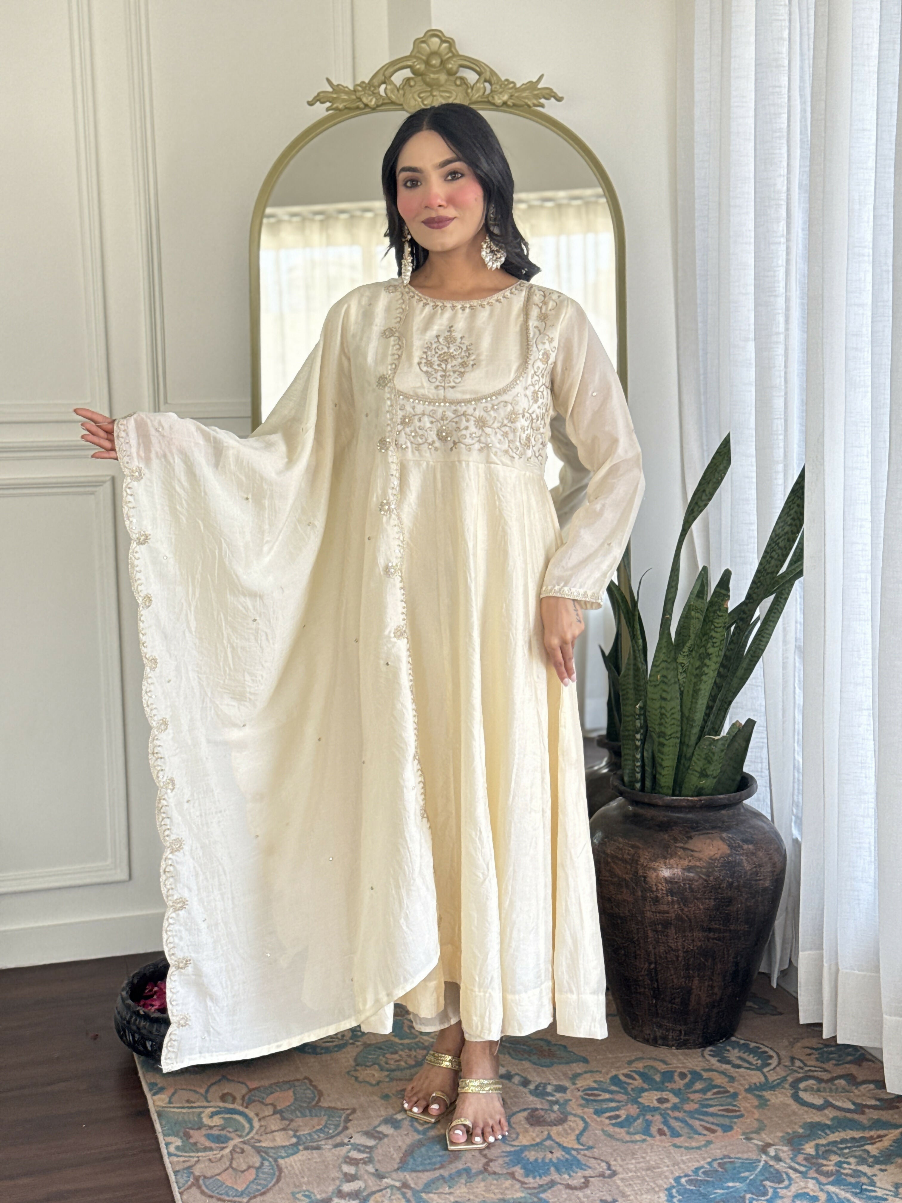The52 CreamWomen's Gorgeous Embroidered Vichitra Silk Fabric Flared Kurta Pant with Dupatta Set