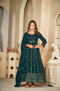 Jyoti Fashion Women's Rama Georgette Embroidered Anarkali Kurta Pant Set With Dupatta