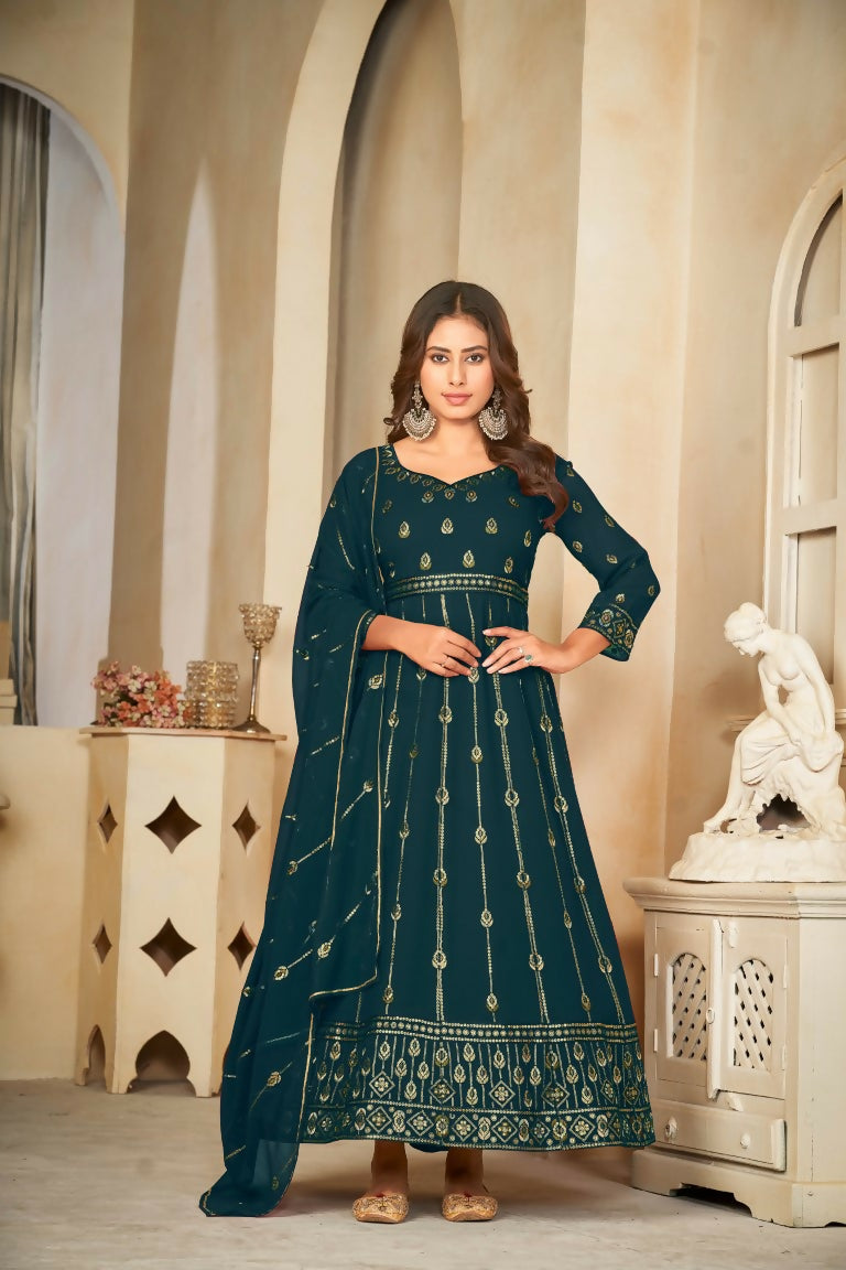Jyoti Fashion Women's Rama Georgette Embroidered Anarkali Kurta Pant Set With Dupatta