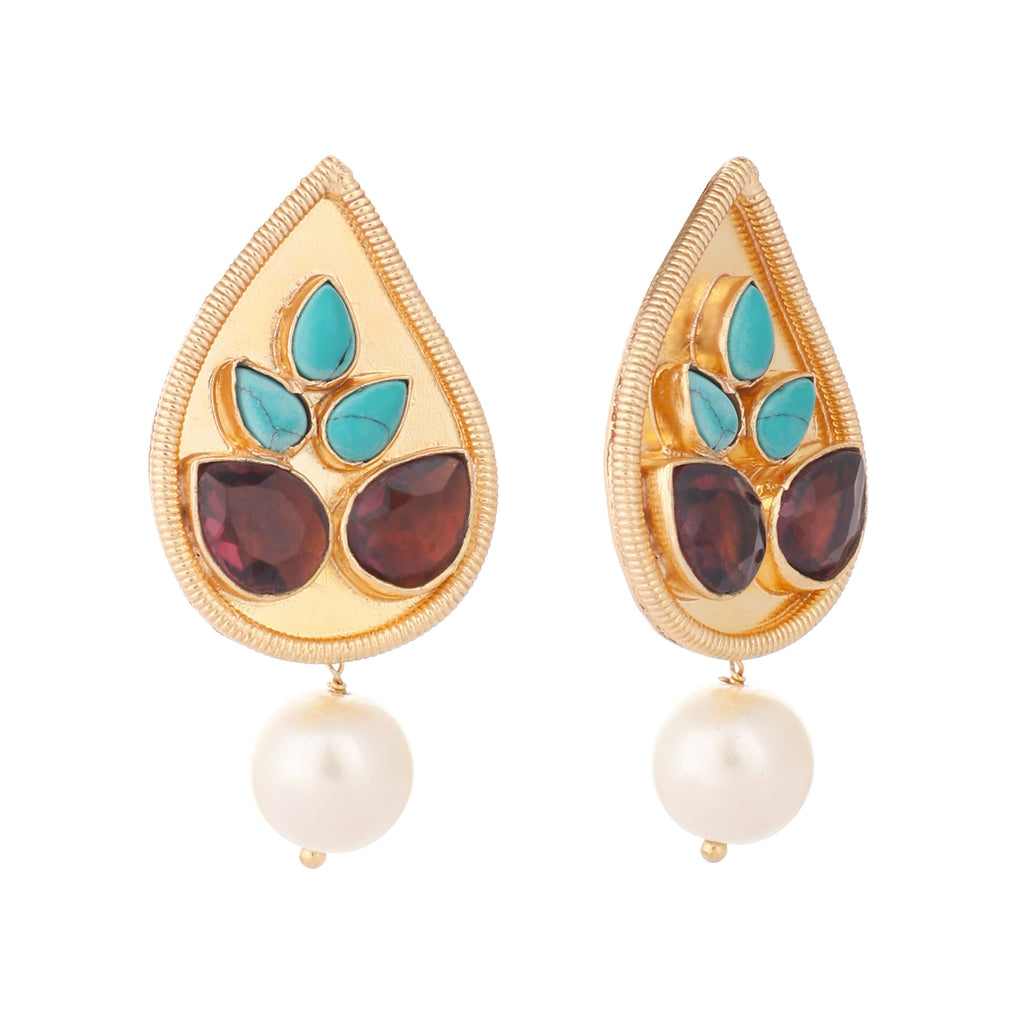 Nuyug 22K Gold Plated Faux Turquoise Stone Studded Contemporary Petal Shaped Pearl Drop Stud Earrings