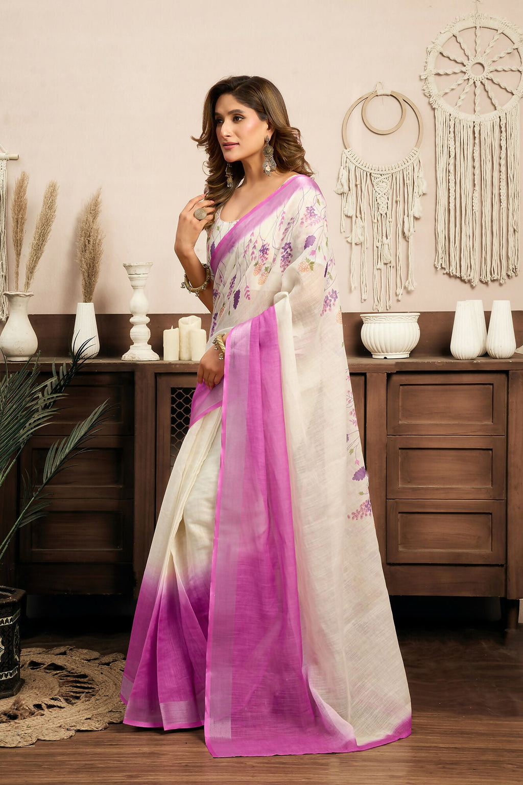 Vastranavya White Lavender Digital Printed Linen Ready To Wear Designer Saree with Unstitched Blouse