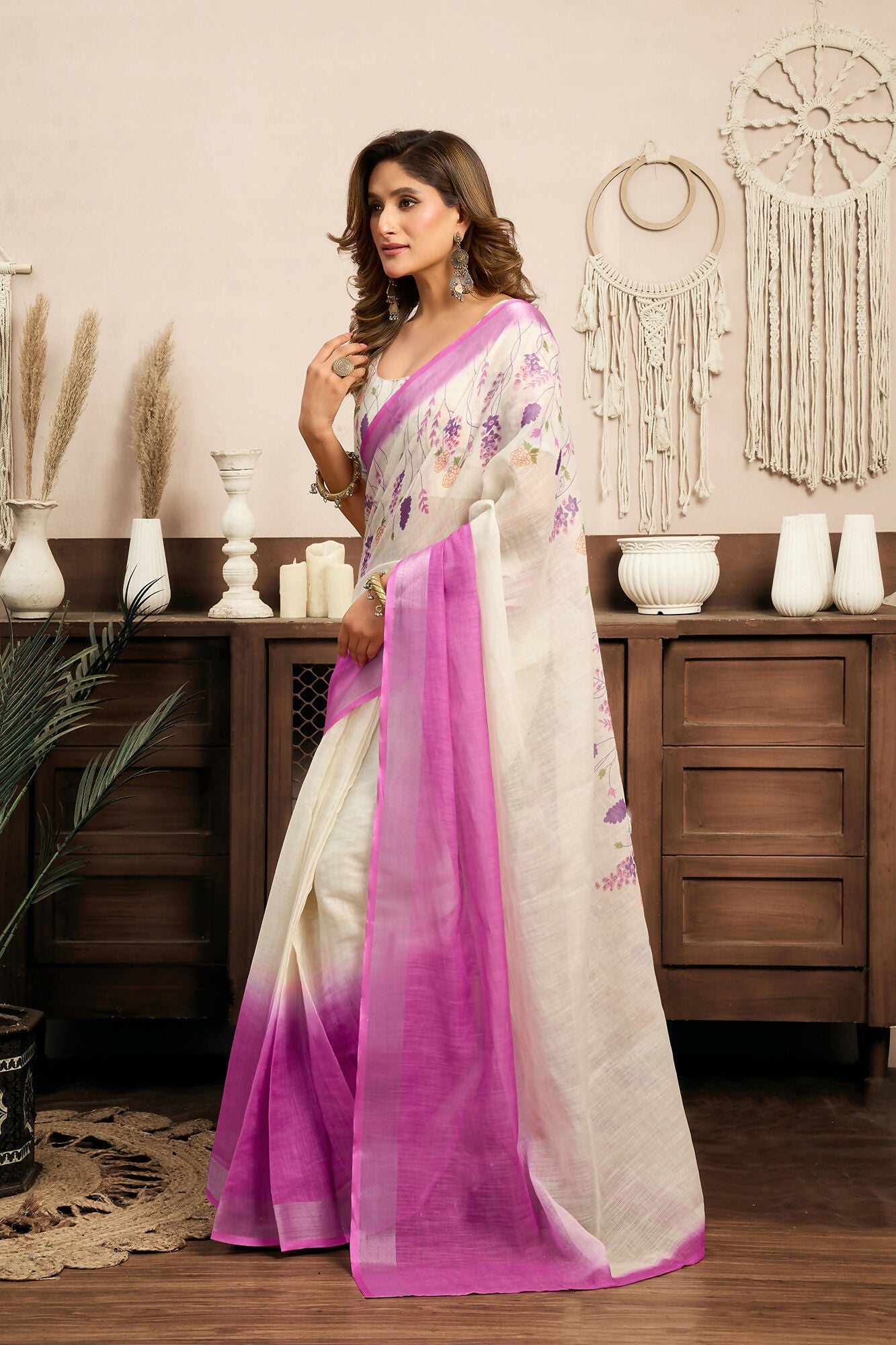 Vastranavya White Lavender Digital Printed Linen Ready To Wear Designer Saree with Unstitched Blouse