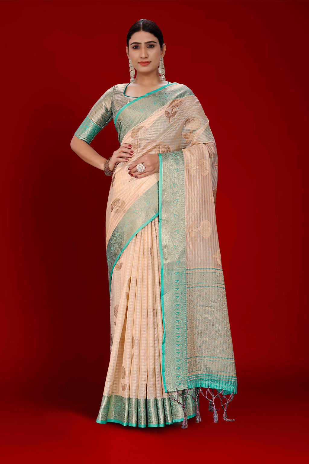 Peach Soft Organza Woven Design Saree With Unstitched Blouse Piece - Zaara