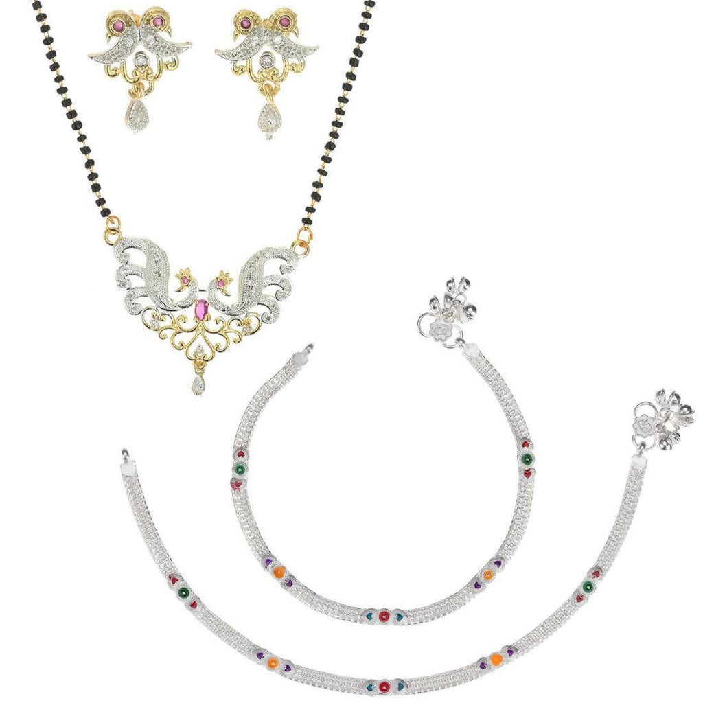 AanyaCentric Gold-Polished Mangalsutra Pendant Earring Set & Silver Plated Anklet