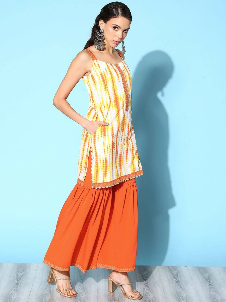 Ahalyaa Women's Orange Crepe Printed Kurta Sharara Set With Dupatta