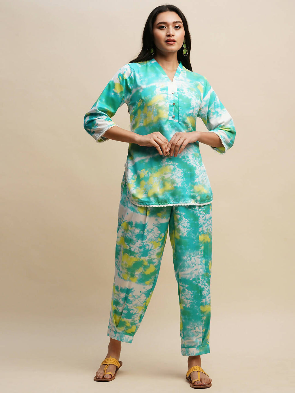 Sky Blue Poly Rayon Tie and dye Printed Top with Matching Trouser - Shivani