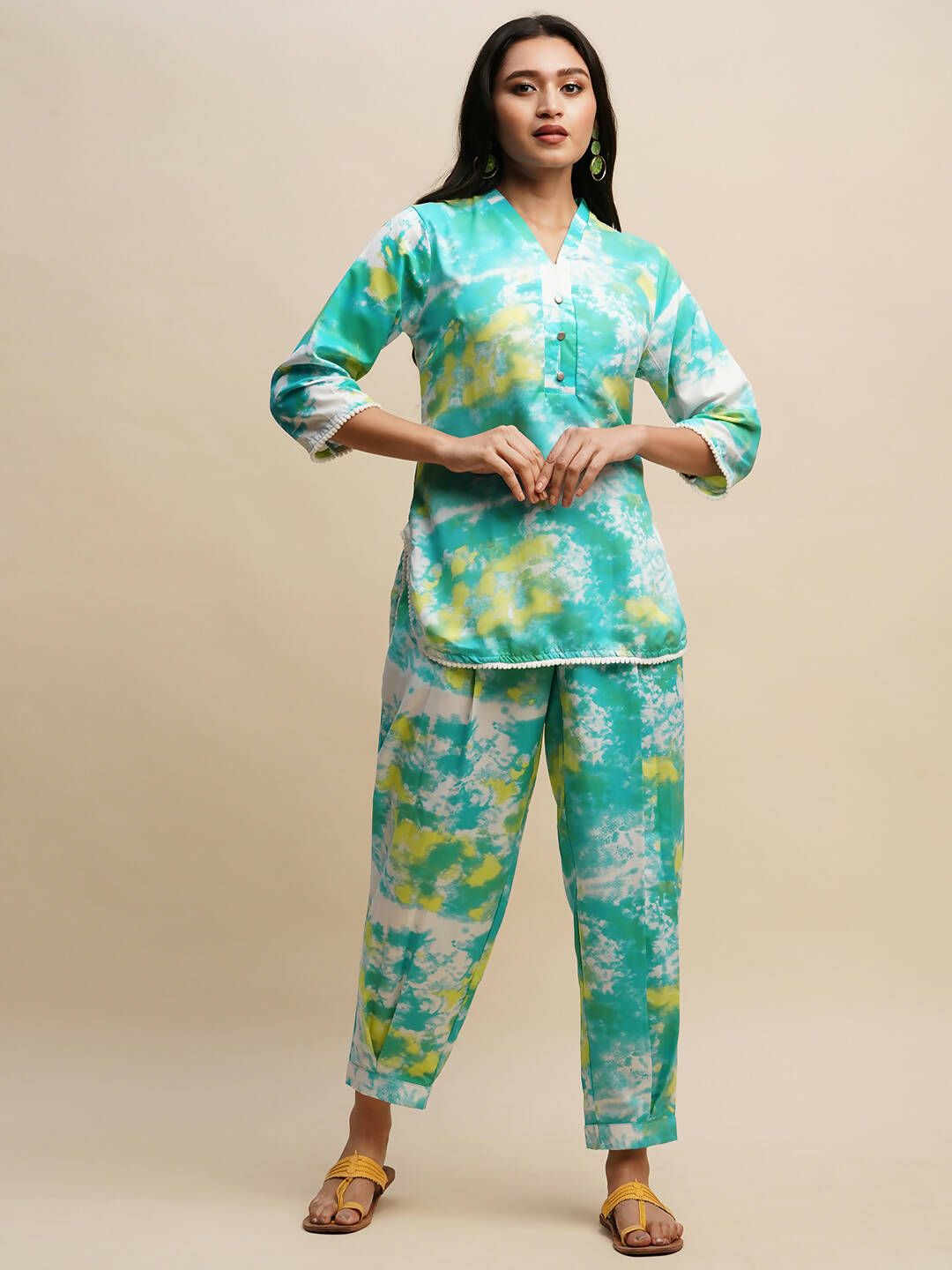 Sky Blue Poly Rayon Tie and dye Printed Top with Matching Trouser - Shivani