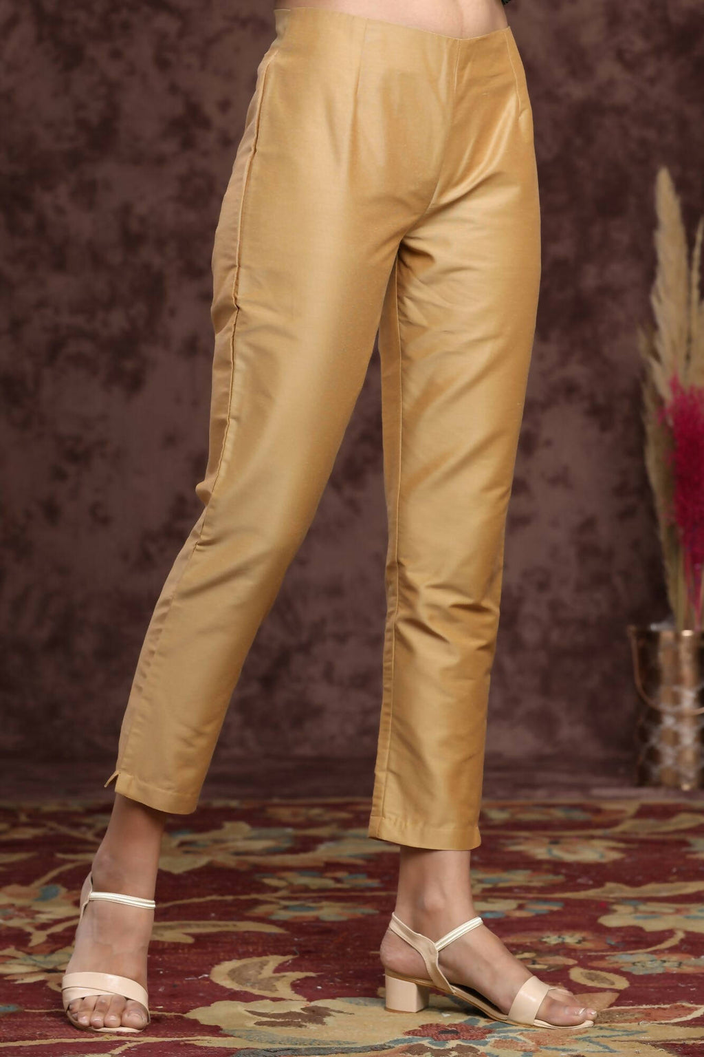 Juniper Women Gold Poly Silk Solid Slim Fit Pant/Slim Pant
