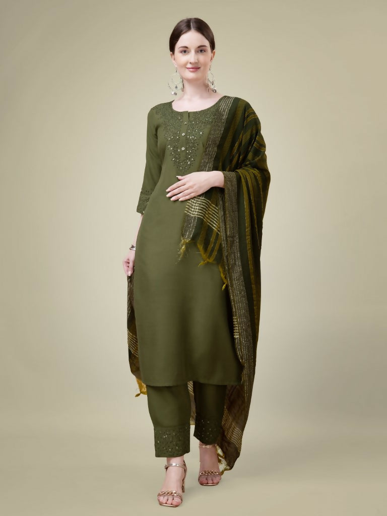 Jyoti Fashion Women's Mehendi Cotton Blend Embroidery & Sequence work Kurta with Trouser & Dupatta