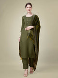 Jyoti Fashion Women's Mehendi Cotton Blend Embroidery & Sequence work Kurta with Trouser & Dupatta